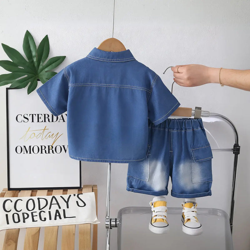Boys Blue Denim Shirt & Shorts With Printed T-Shirt Sets Sets