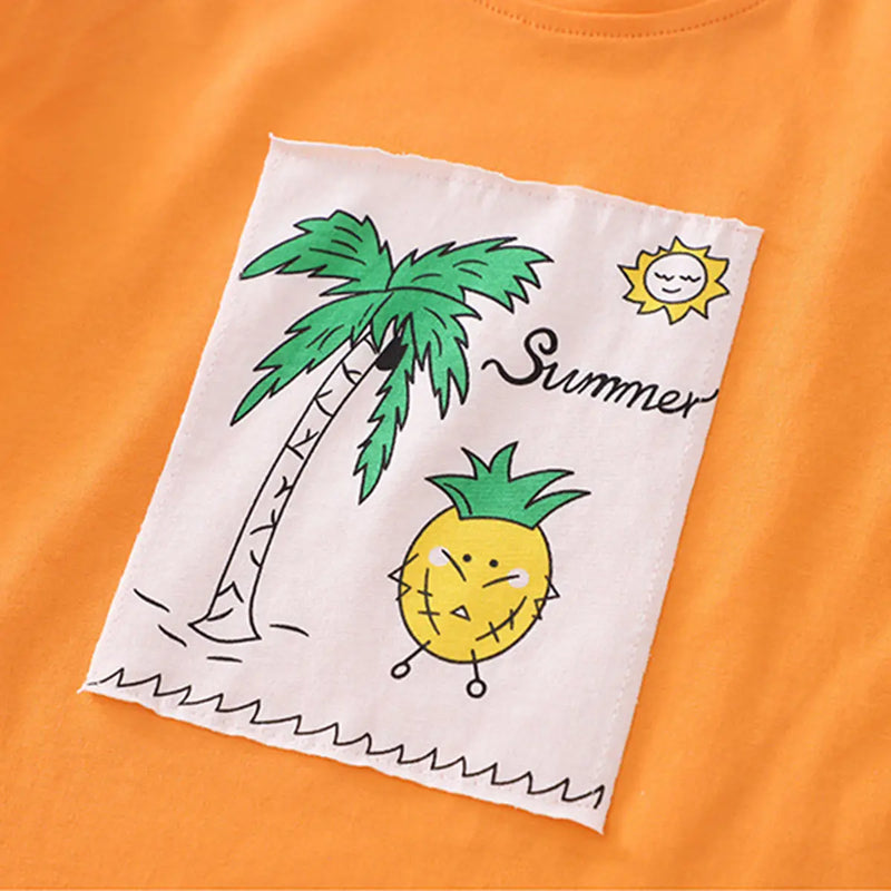 Boys Orange Pineapple Printed Round Neck T-Shirt With Denim Shorts Sets 2 pc. Sets