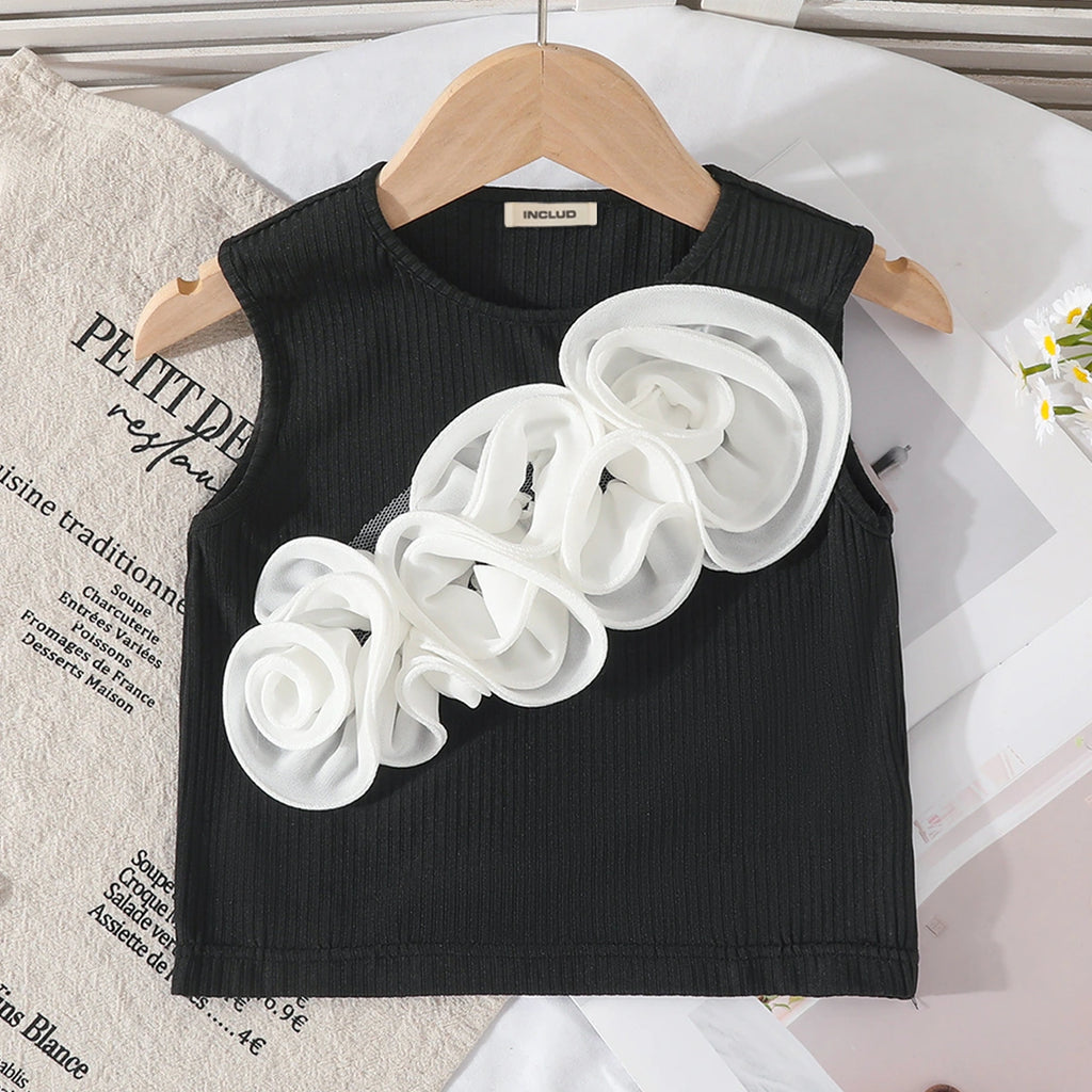 Girls 3D Flowers Applique Top With Black Tiered Tulle Skirts Set Sets