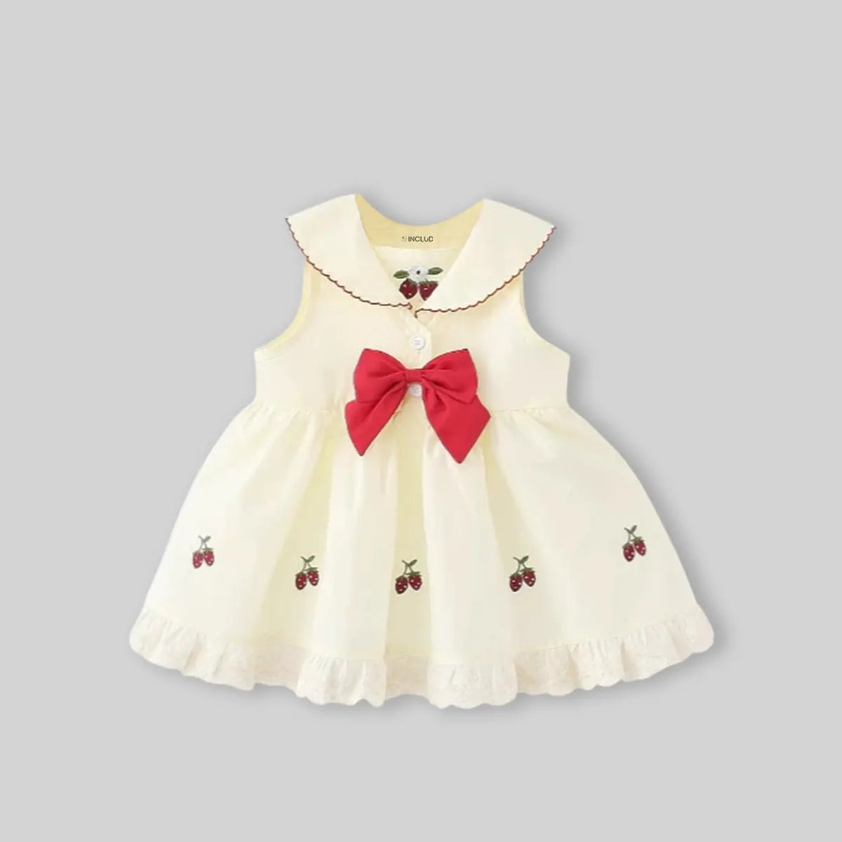 Girls Cream Strawberry Embroidered Sleeveless Fit & Flare Dress Casual Dresses