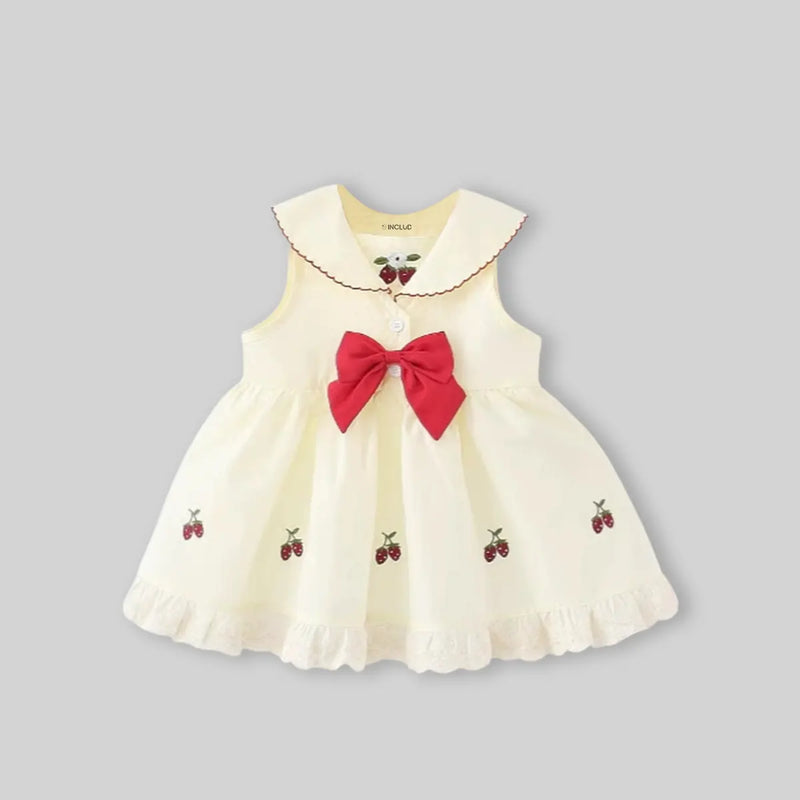 Girls Cream Strawberry Embroidered Sleeveless Fit & Flare Dress Casual Dresses