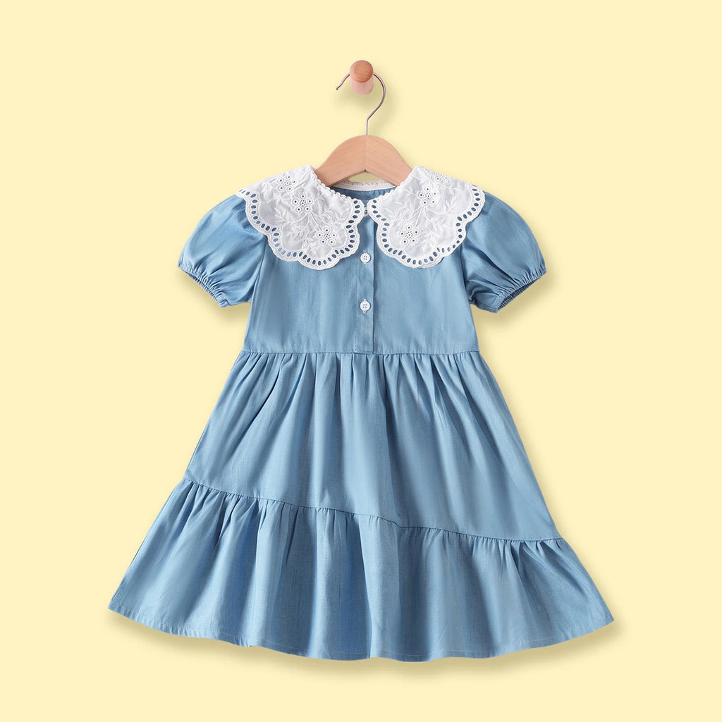Girls Light Blue Short Sleeve Tiered Dress Casual Dresses Light Blue 1-2 Y