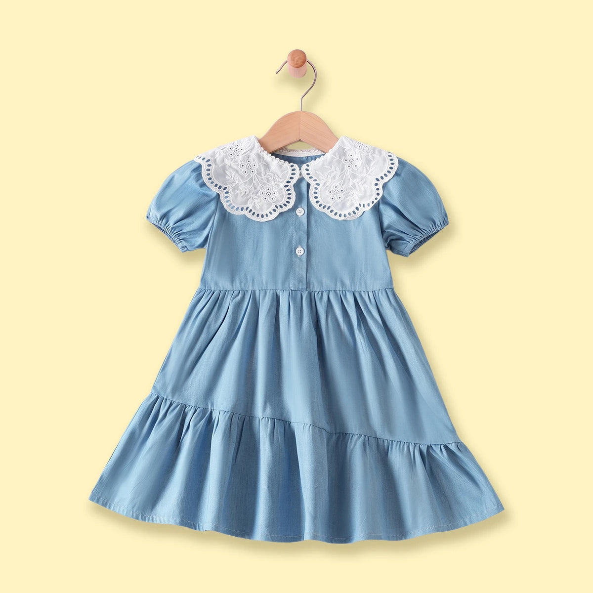 Girls Light Blue Short Sleeve Tiered Dress Casual Dresses Light Blue 1-2 Y