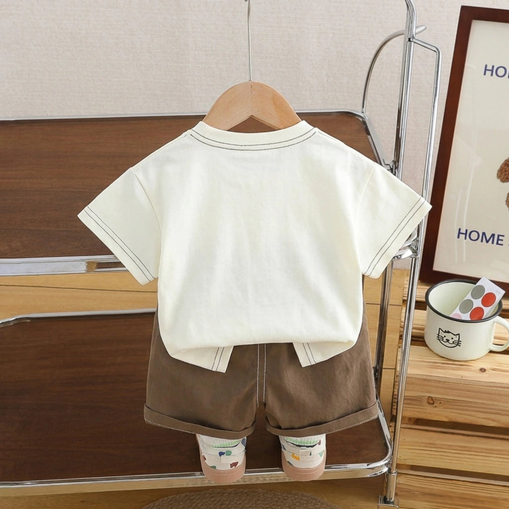Boys Beige Hedgehog Graphic Printed Short Sleeve T-Shirt With Shorts Sets 2 pc. Sets