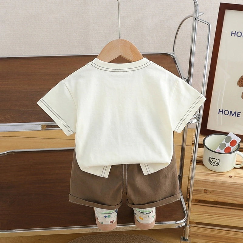 Boys Beige Hedgehog Graphic Printed Short Sleeve T-Shirt With Shorts Sets 2 pc. Sets