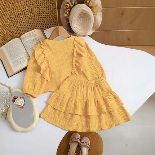 Girls Yellow Textured Ruffled Top with Tiered Skirt Sets 2 pc. Sets