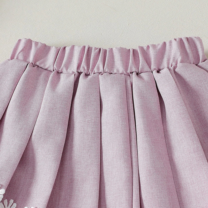 Girls Lavender Flower Applique Puff Sleeve Top With Pleated Skirt Sets 2 pc. Sets