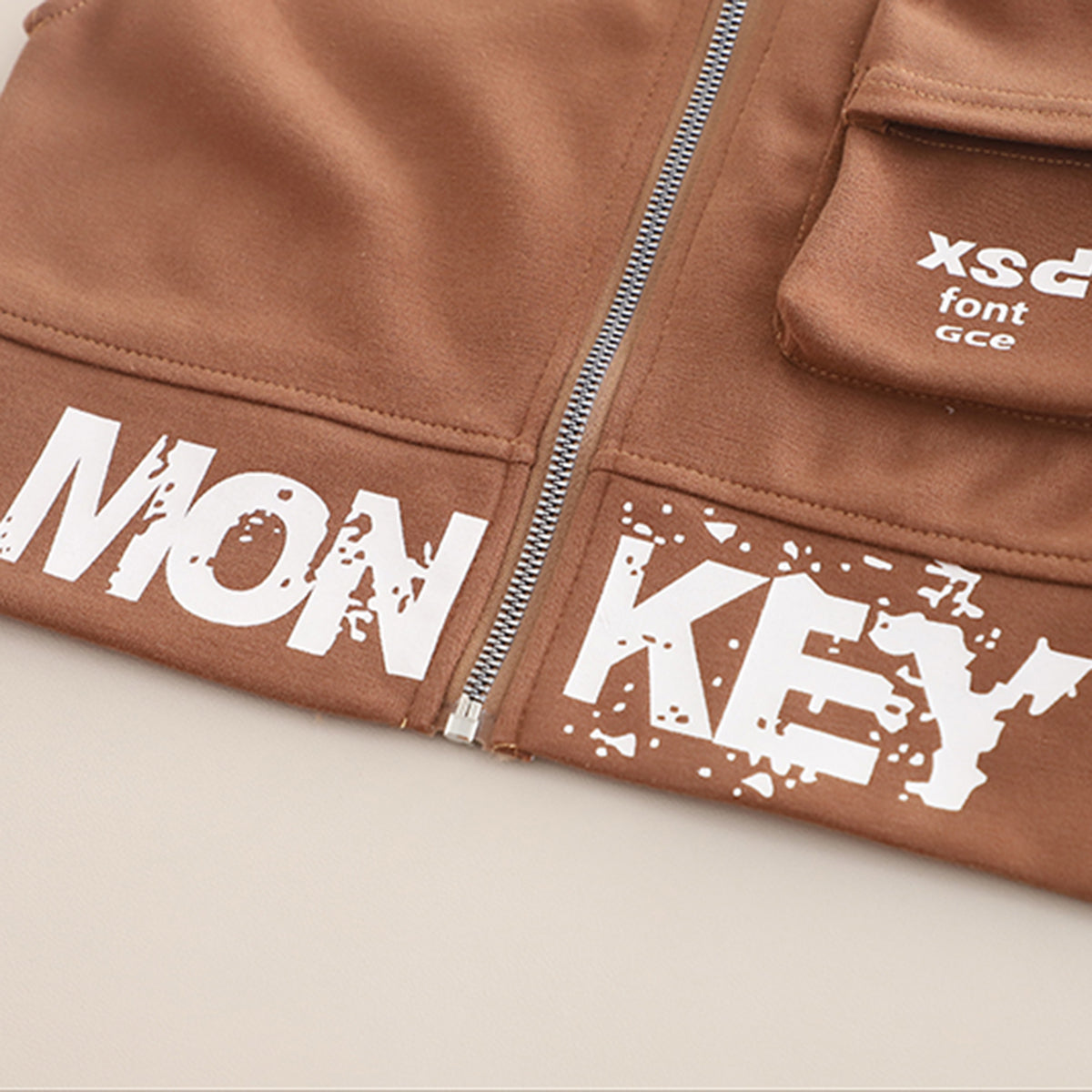 Boys Brown Typographic Printed Hooded Sweatshirt With Sleeveless Jacket & Joggers Set Sets