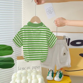 Boys Green Horizontal Striped Polo T-Shirt With Shorts Set 2 pc. Sets