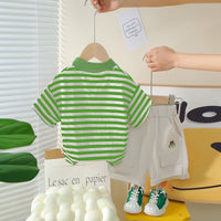 Boys Green Horizontal Striped Polo T-Shirt With Shorts Set 2 pc. Sets