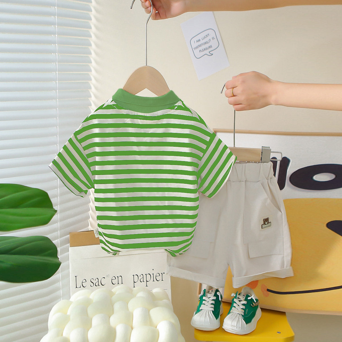 Boys Green Horizontal Striped Polo T-Shirt With Shorts Set 2 pc. Sets