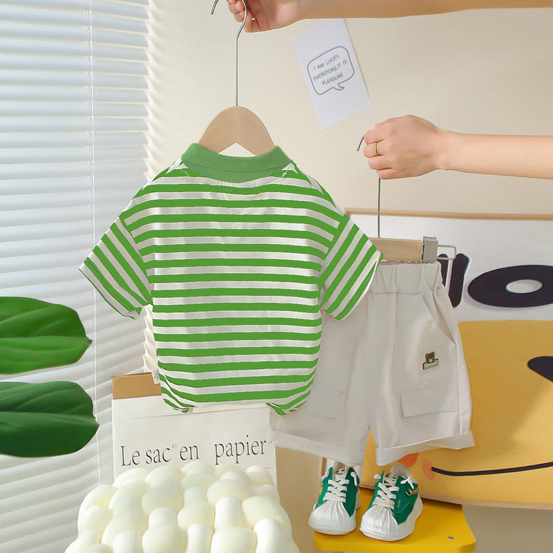 Boys Green Horizontal Striped Polo T-Shirt With Shorts Set 2 pc. Sets