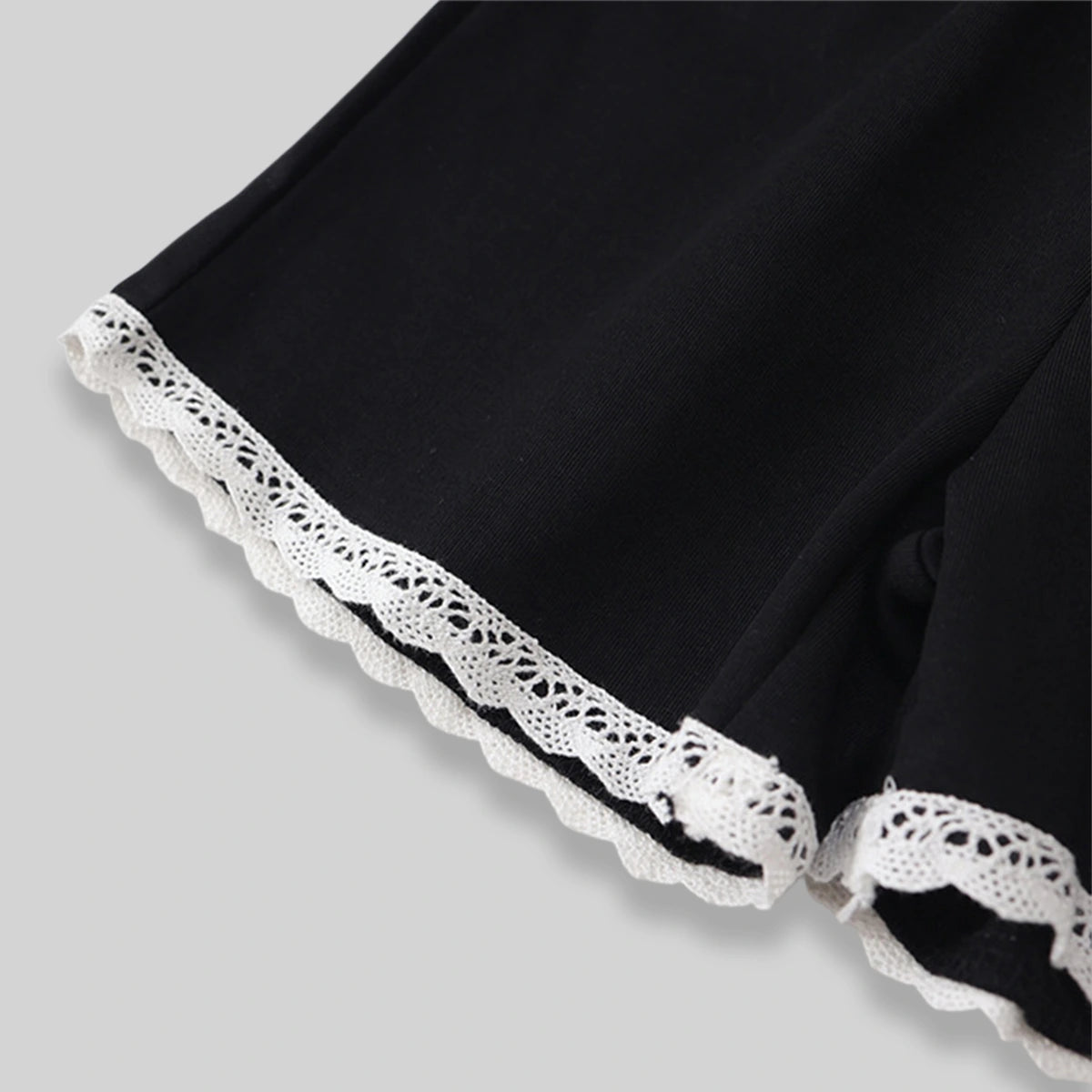 Girls Black Lace Yoke Short Sleeve Top With Elasticated Shorts Sets Sets