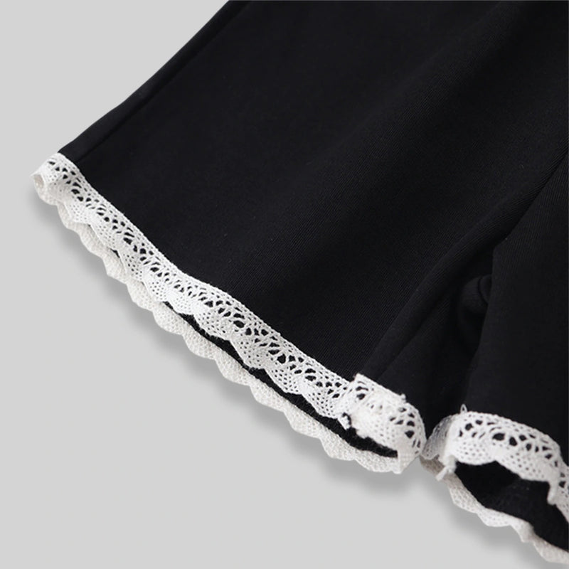 Girls Black Lace Yoke Short Sleeve Top With Elasticated Shorts Sets Sets