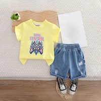 Boys Yellow Joystick Printed Short Sleeves T-Shirt With Denim Shorts Set 2 pc. Sets Yellow 1-2 Y