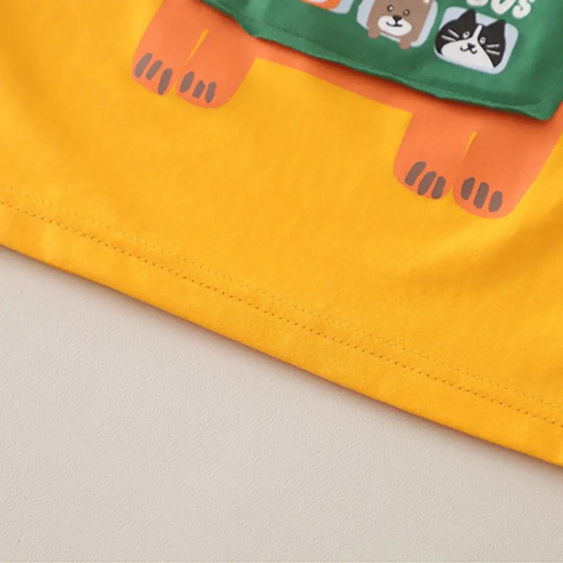 Boys Yellow Dog Bus Print T-Shirt With Denim Shorts Sets Sets