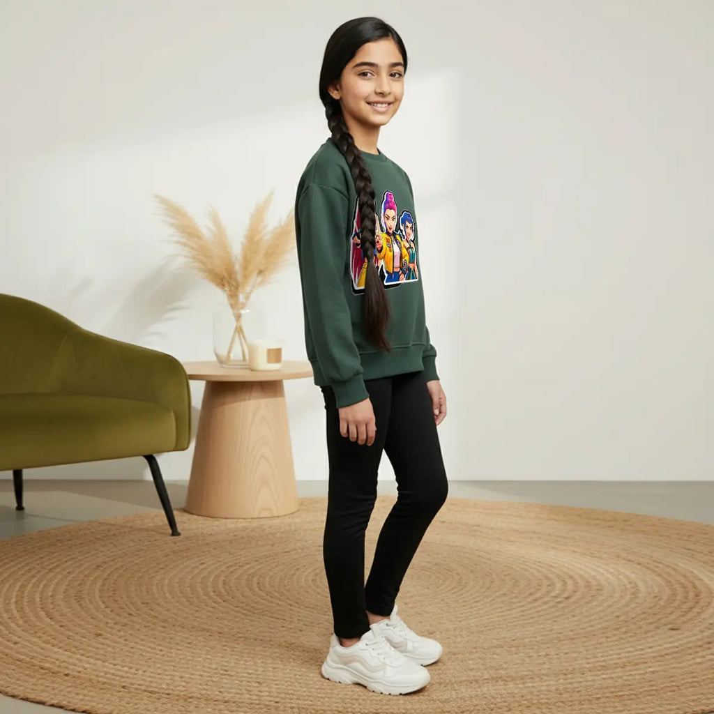 Girls Green K-Pop Graphics Sweatshirt Sweatshirts & Hoodies