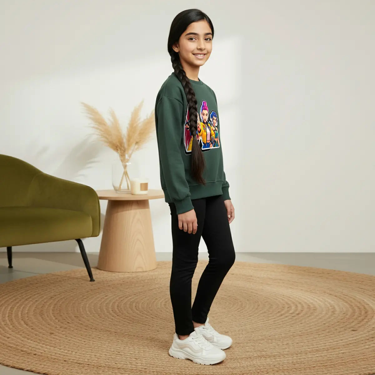 Girls Green K-Pop Graphics Sweatshirt Sweatshirts & Hoodies