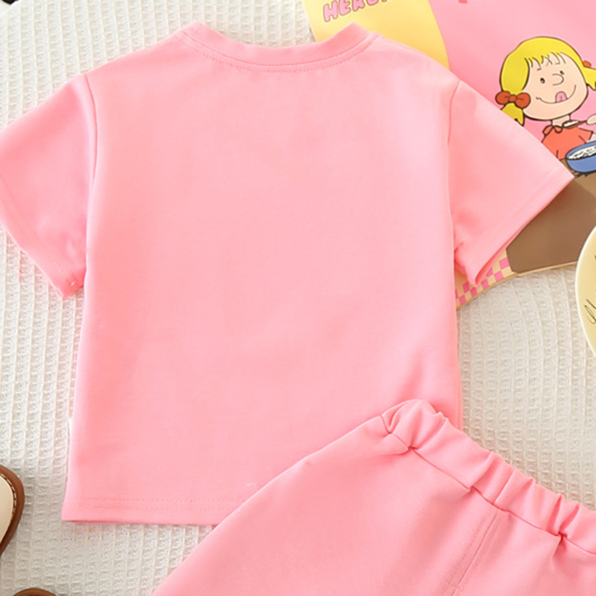Girls Pink Cartoon Printed T-shirt with Knitted Shorts Set Sets