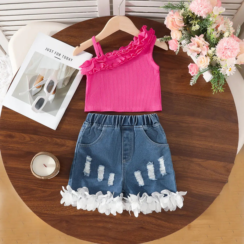 Girls Fuchsia One Shoulder Ruffled Top With DIstressed Denim Shorts Sets Fuchsia 2-3 Y