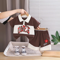 Boys Brown Typographic Polo T-Shirt With Elasticated Shorts Sets 2 pc. Sets Brown 1-2 Y