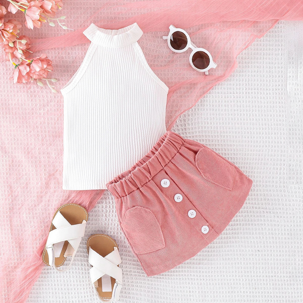 Girls White Sleeveless Ribbed Top With Elasticated Skirt Sets 2 pc. Sets White 1-2 Y