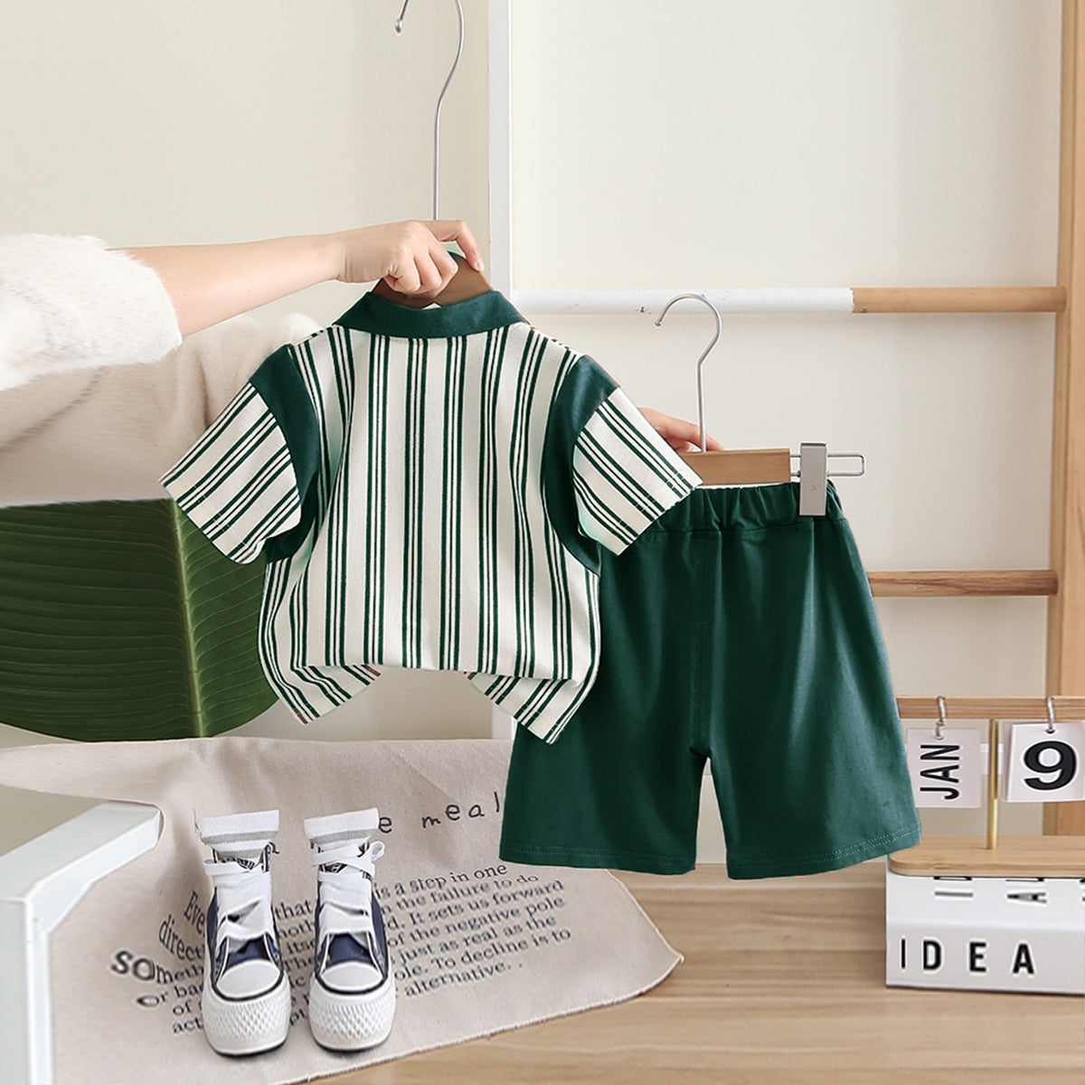 Boys Green Striped Contrast Collared Polo T-Shirt With Shorts Set 2 pc. Sets