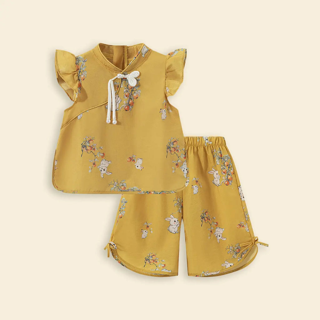 Girls Yellow Rabbit Print Top & shorts Co-ord Sets Sets