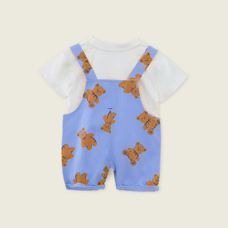 Boys Blue Teddy Print T-shirt with Dungaree Set Sets   