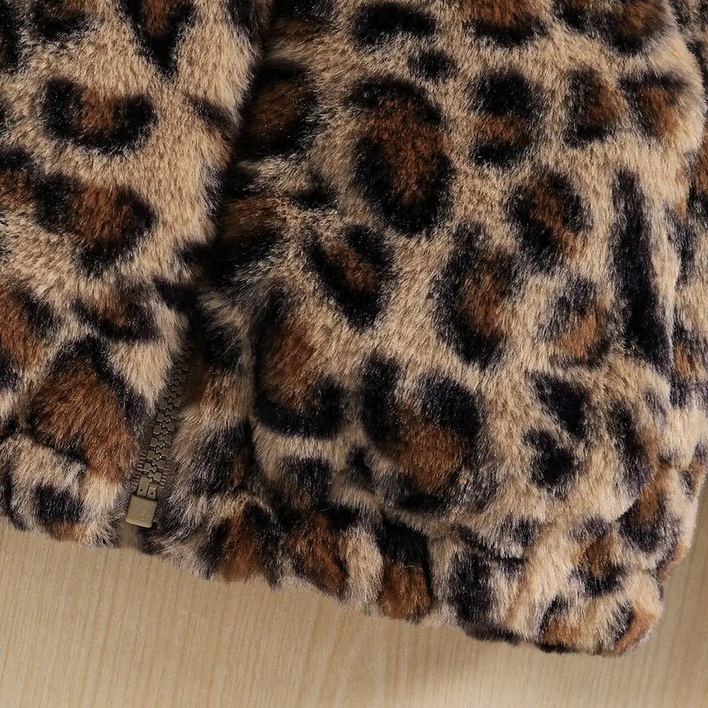 Girls Brown Leopard Print Polar Fleece Hooded Zipper Jacket Coats & Jackets