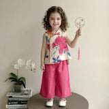 Girls Fuchsia Floral Mandarin Collar Top With Flared Pants Sets