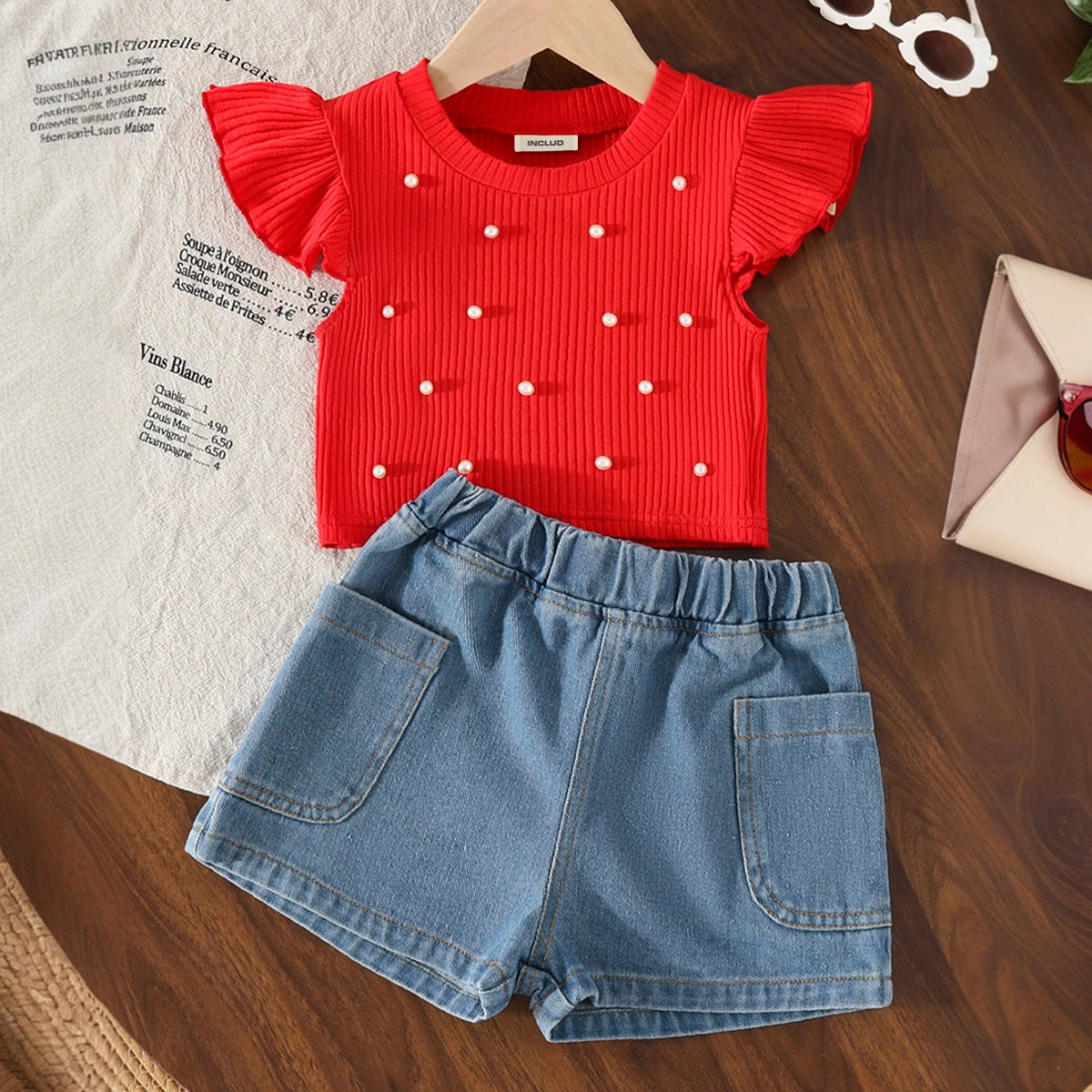 Girls Red Pearl Embellished Top With Denim Shorts Set Sets Red 2-3 Y