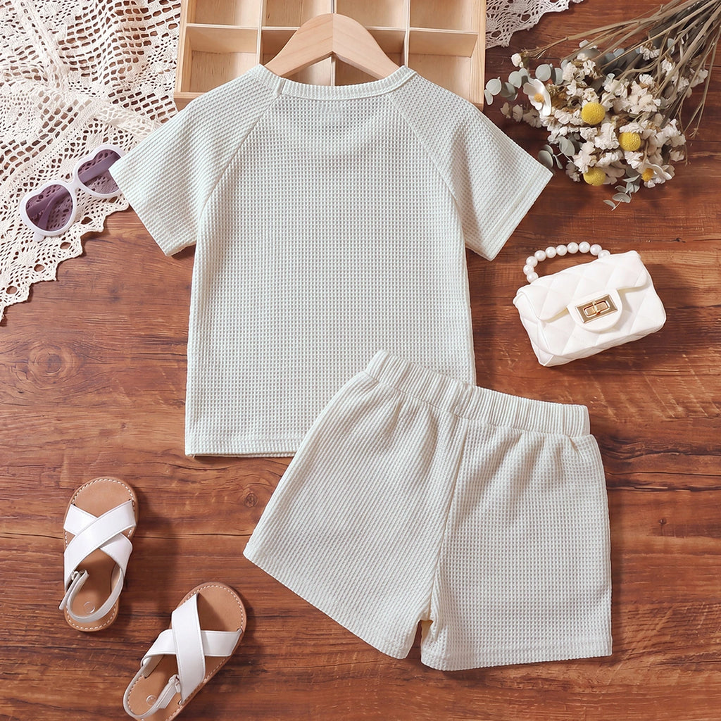Boys Cream Waffle Knit Raglan Sleeve T-Shirt With Shorts Sets 2 pc. Sets