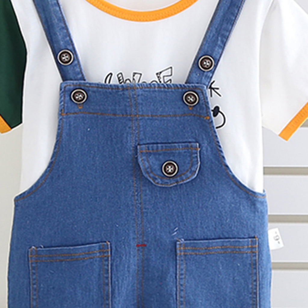 Boys White Short Sleeves Round Neck T-Shirt With Denim Dungaree Set 2 pc. Sets