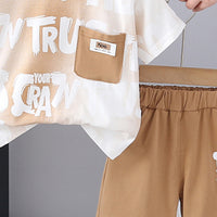 Boys Typographic Printed Contrast Pocket T-Shirt With Khaki Shorts Set 2 pc. Sets