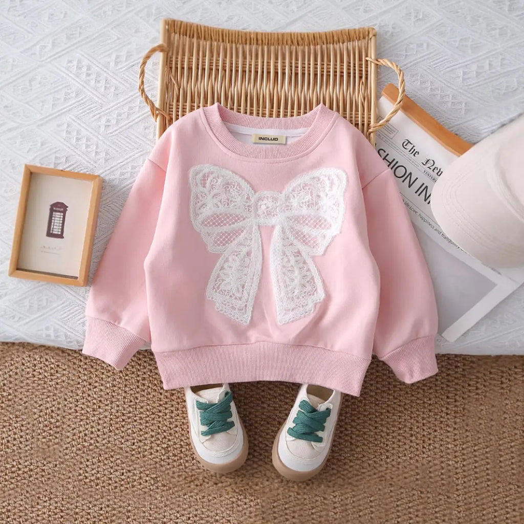 Girls Pink Bow Applique Sweatshirt With Pant Sets Sets