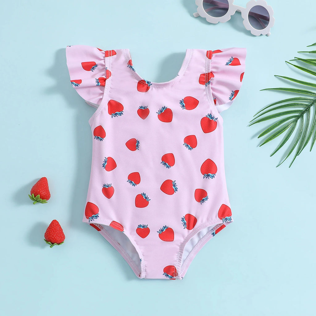Girls Pink Strawberry Print Swimwear Bodysuit Beachwear Pink 1-2 Y
