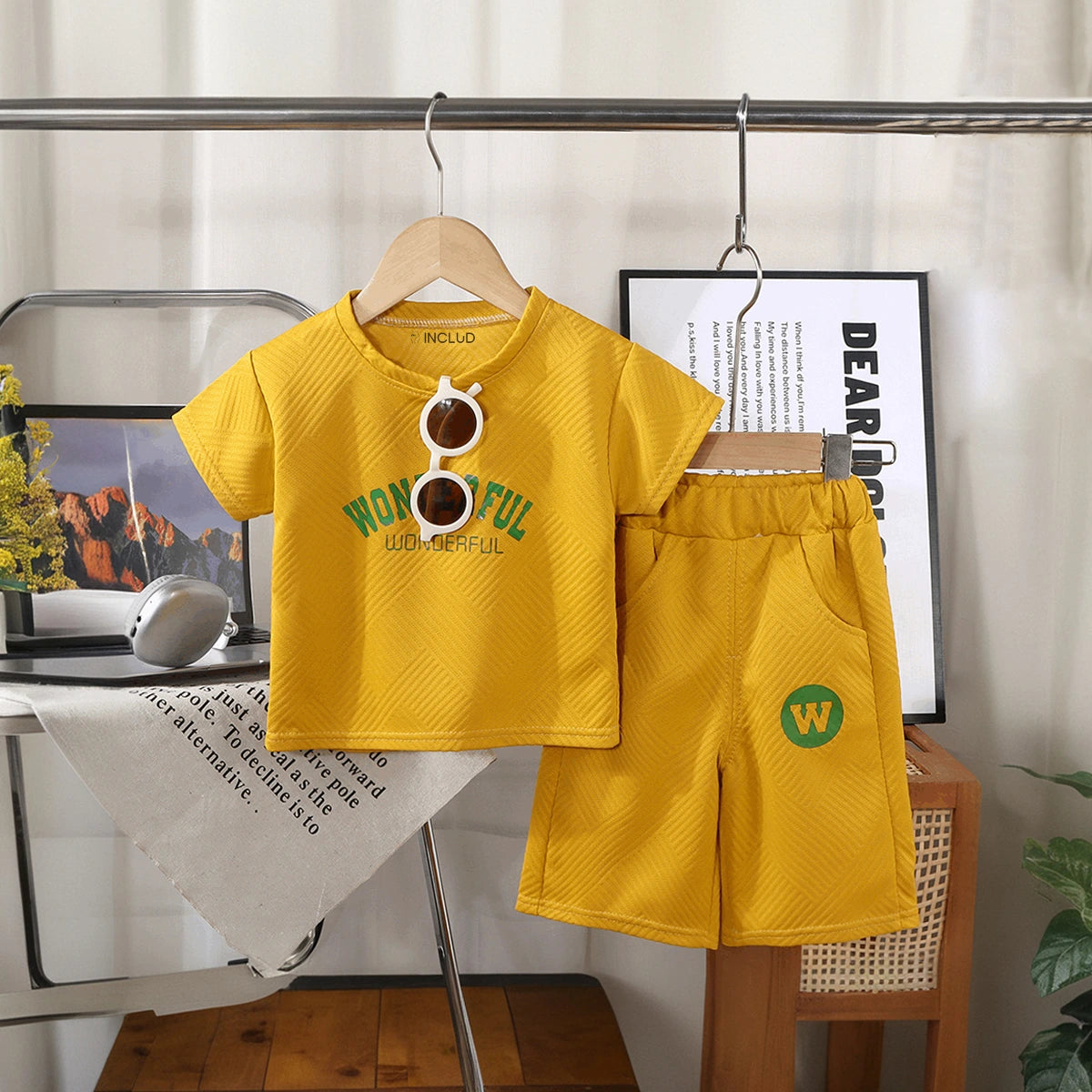Boys Yellow Wonderful Typography Short Sleeve T-Shirt With Shorts Sets 2 pc. Sets Yellow 1-2 Y