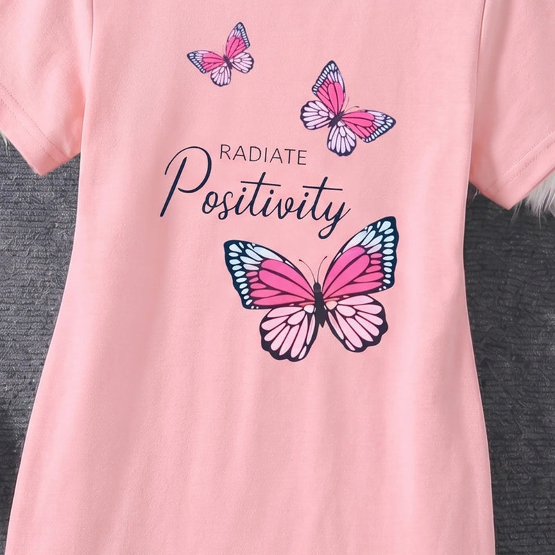 Girls Pink Butterfly Print Short Sleeve T-Shirt Dress Casual Dresses