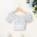 Girls White Floral Printed Raglan Sleeves Top Tops