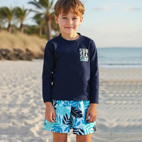 Boys Navy Blue Typographic Printed Long Sleeves T-Shirt & Shorts Swimsuit Sets Sets