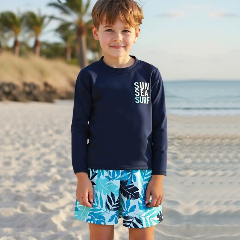 Boys Navy Blue Typographic Printed Long Sleeves T-Shirt & Shorts Swimsuit Sets Sets