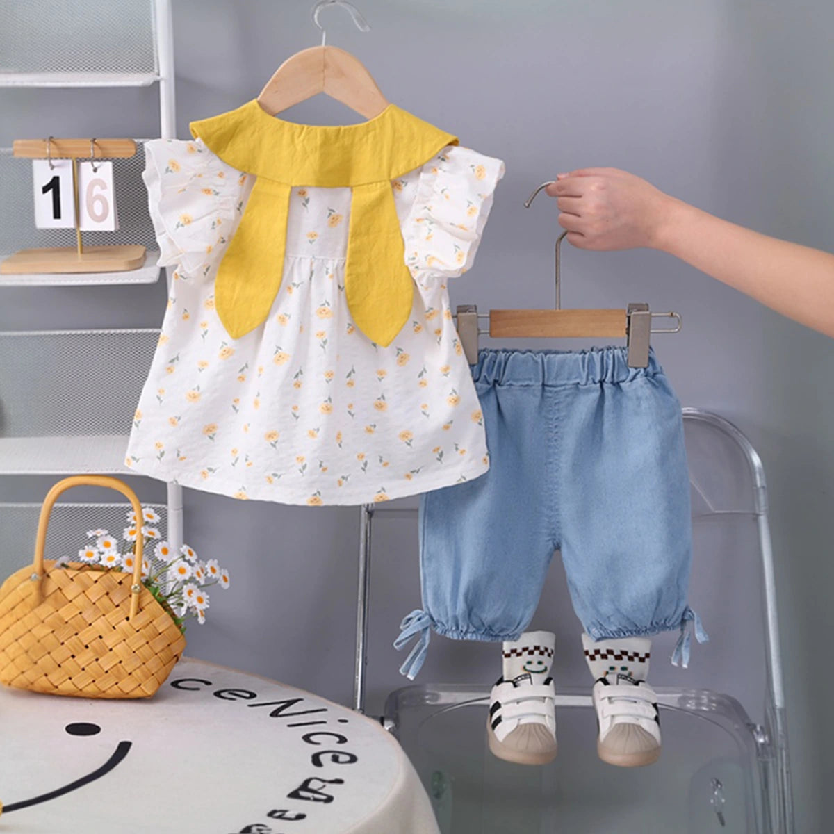 Girls Yellow Floral Print Bunny Applique Top With Denim Shorts Set Sets