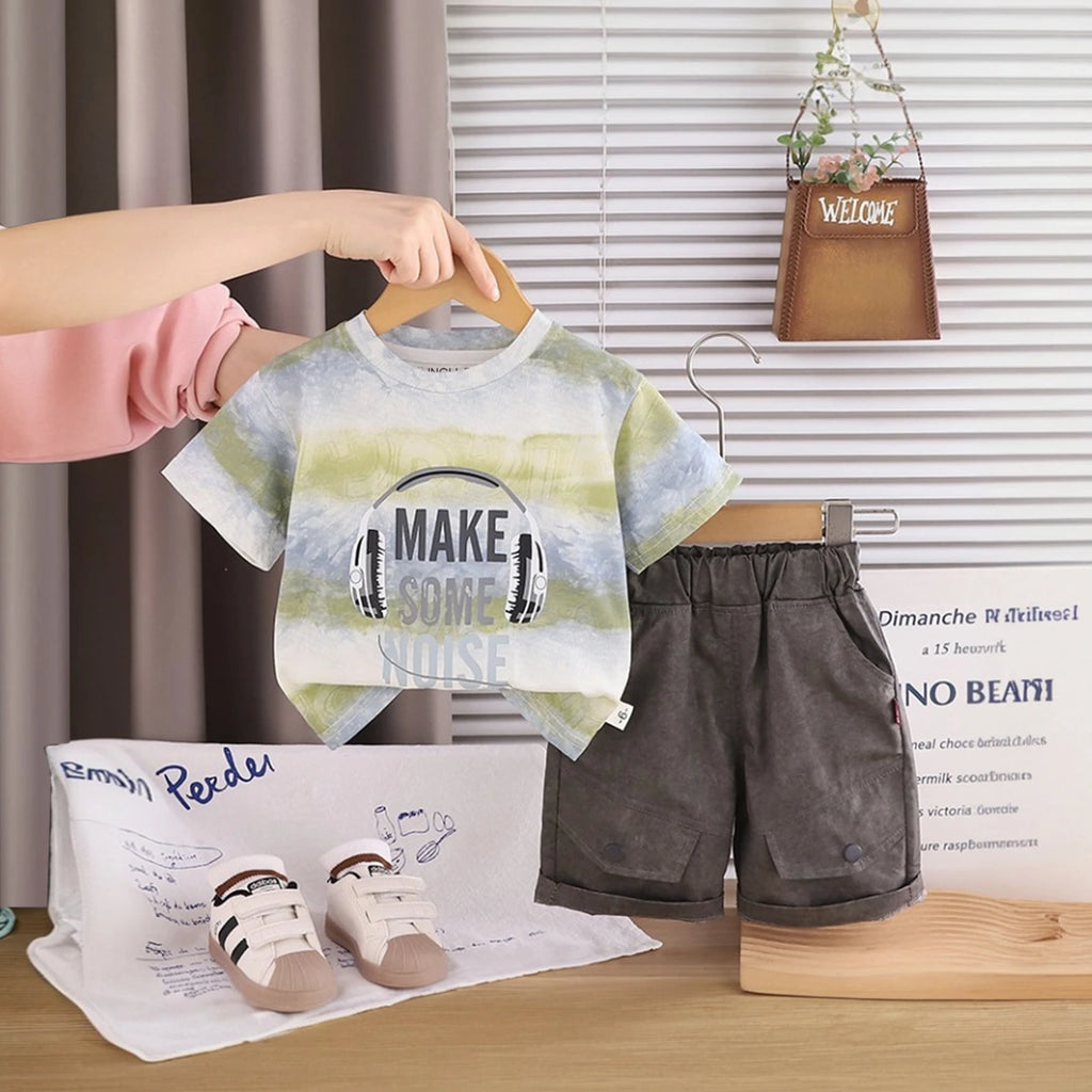Boys Sage Green Headphone Graphic Printed Short Sleeve T-Shirt With Shorts Sets 2 pc. Sets Green 1-2 Y