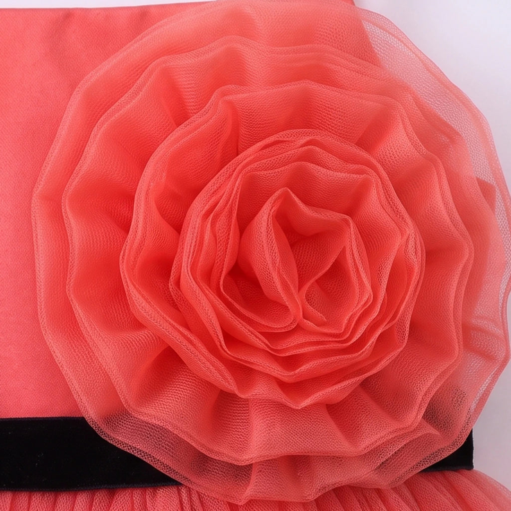 Girls Coral Floral Applique Sleeveless High-Low Party Dress Party Dresses