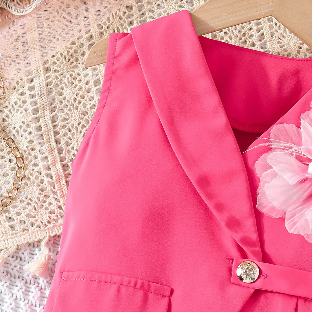 Girls Fuchsia Flower Applique Sleeveless Vest With Pants Co-ord Sets Sets
