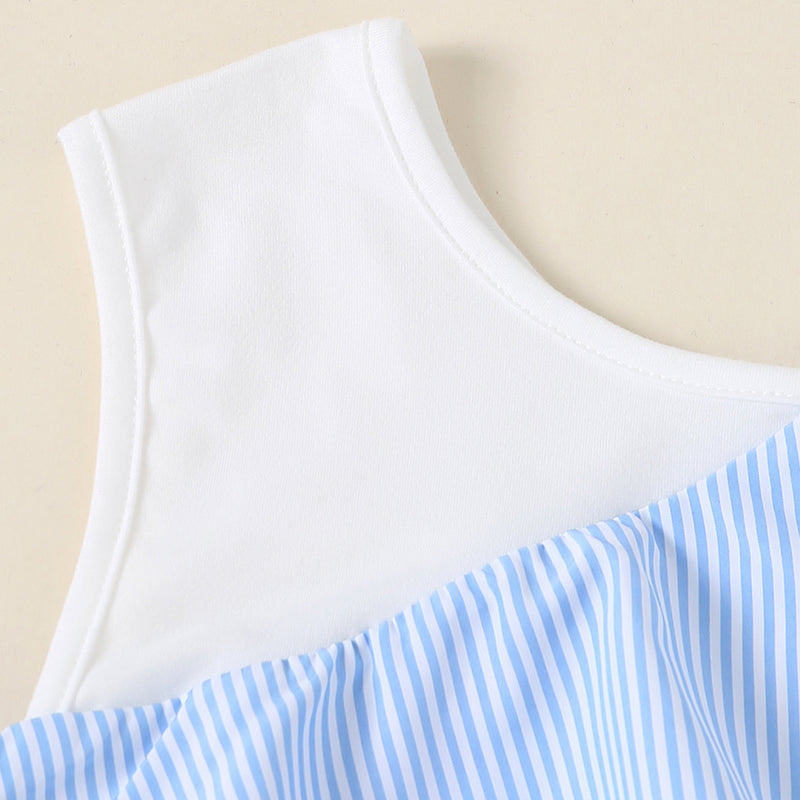 Girls Blue Stripes Sleeveless Summer Tops With Bow Tops