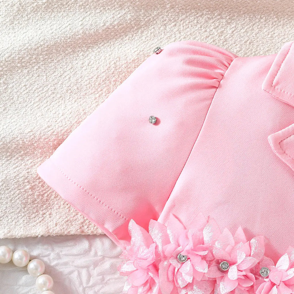 Girls Pink Floral Applique Top With Camisole Top And Pleated Skirt Sets 3 pc. Sets