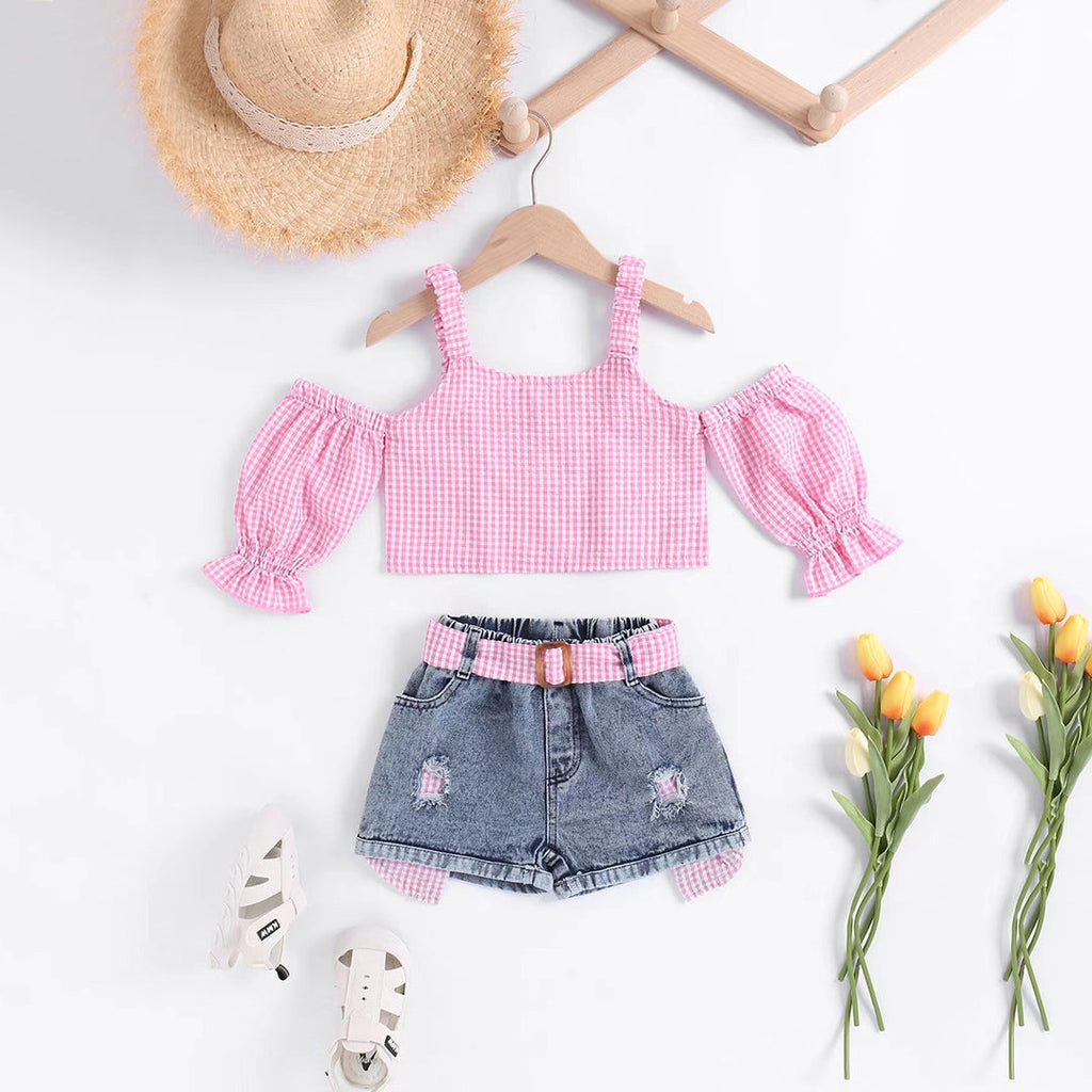 Girls Pink Off Shoulder Plaid Top With Denim Short Sets Sets Pink 1-2 Y 