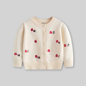 Girls Apricot Long Sleeve Mushroom Embroidered Knitted Cardigan Sweaters & Cardigans